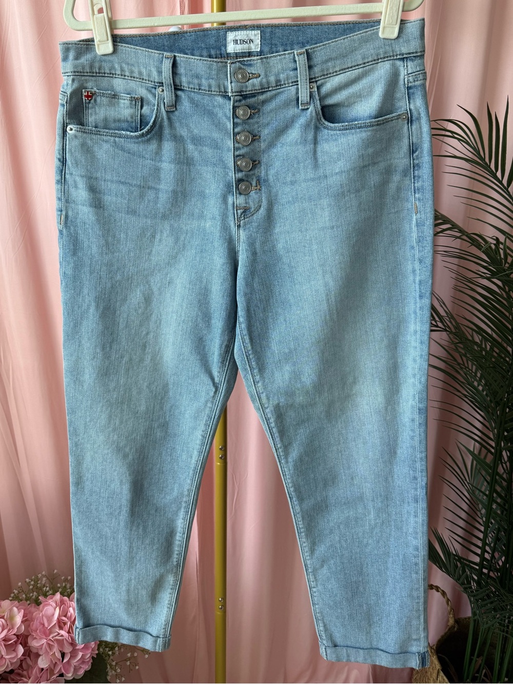Hudson Natalie Mid Rise Slim Boyfriend Ankle Jeans Light Blue Wash Size 32